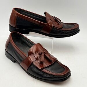 Florsheim Mens 10 D Two Tone Leather Kiltie Tassel Loafers Black Brown Brazil